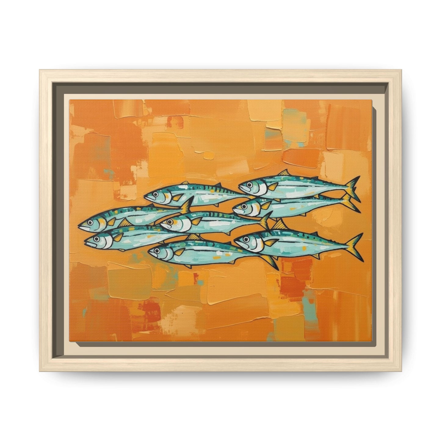 Framed Matte Canvas Print — School of Blue Fish on Orange Abstract Background
