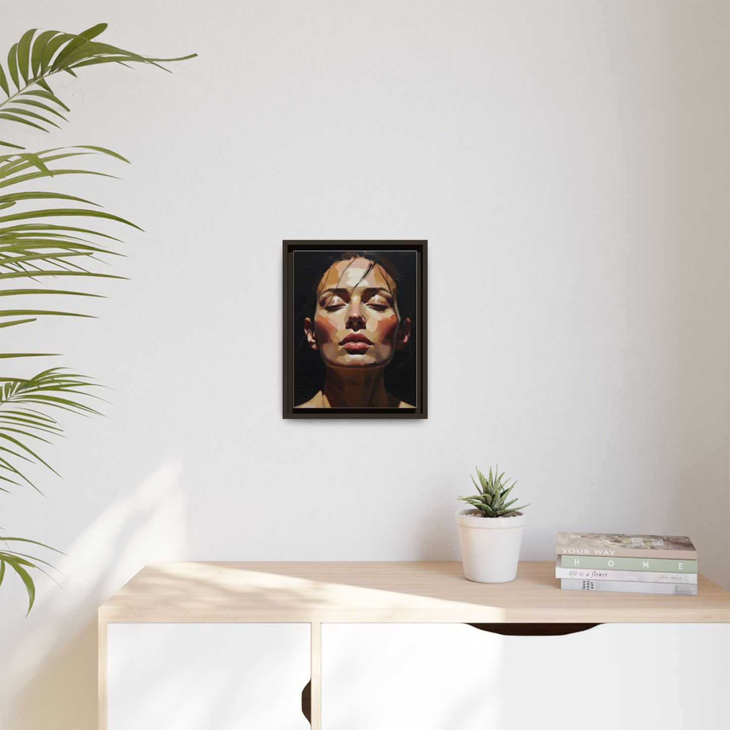 Framed Matte Canvas Portrait – Woman with Eyes Closed (Multi‑Color)