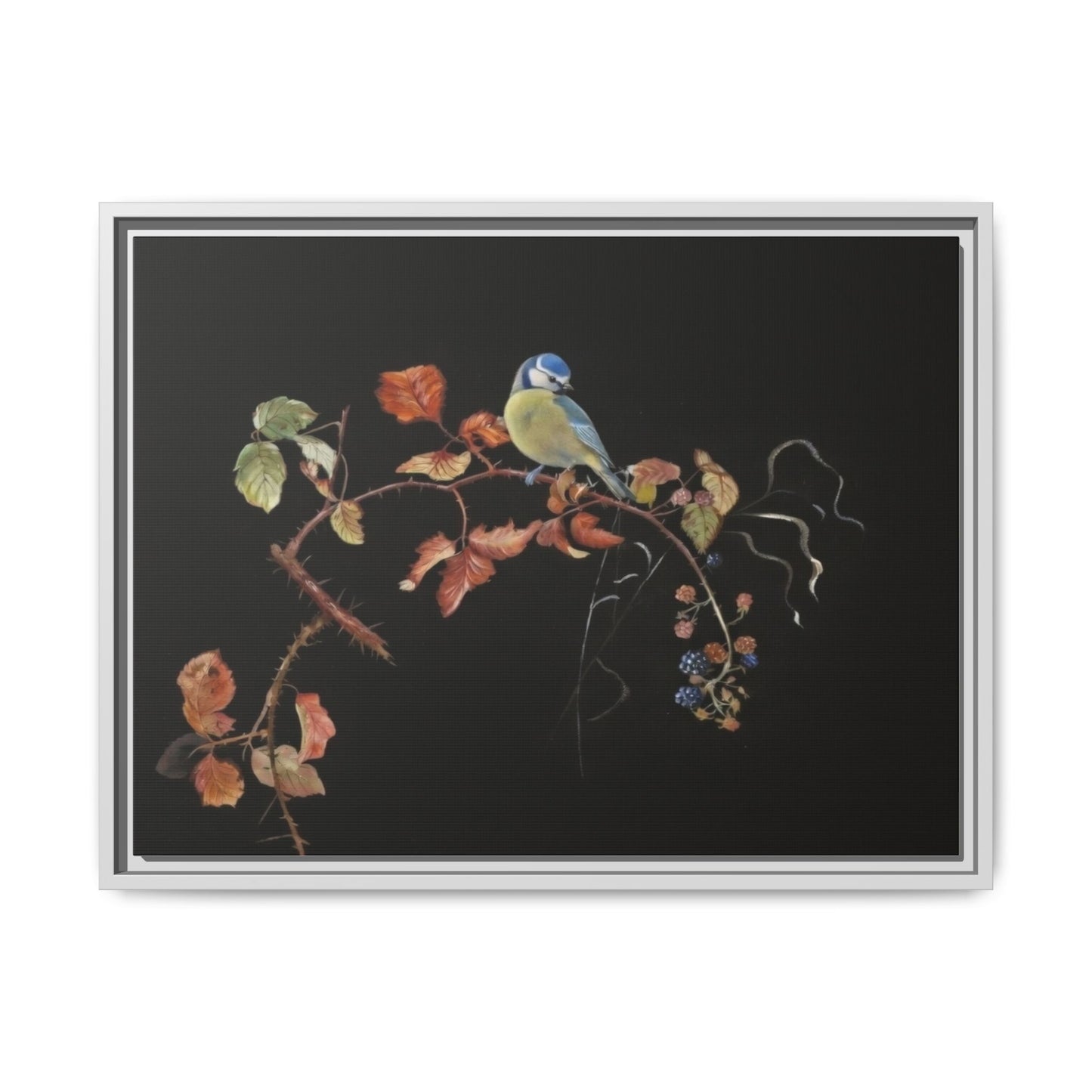Framed Matte Canvas - Blue Tit on Autumn Branch Wall Art