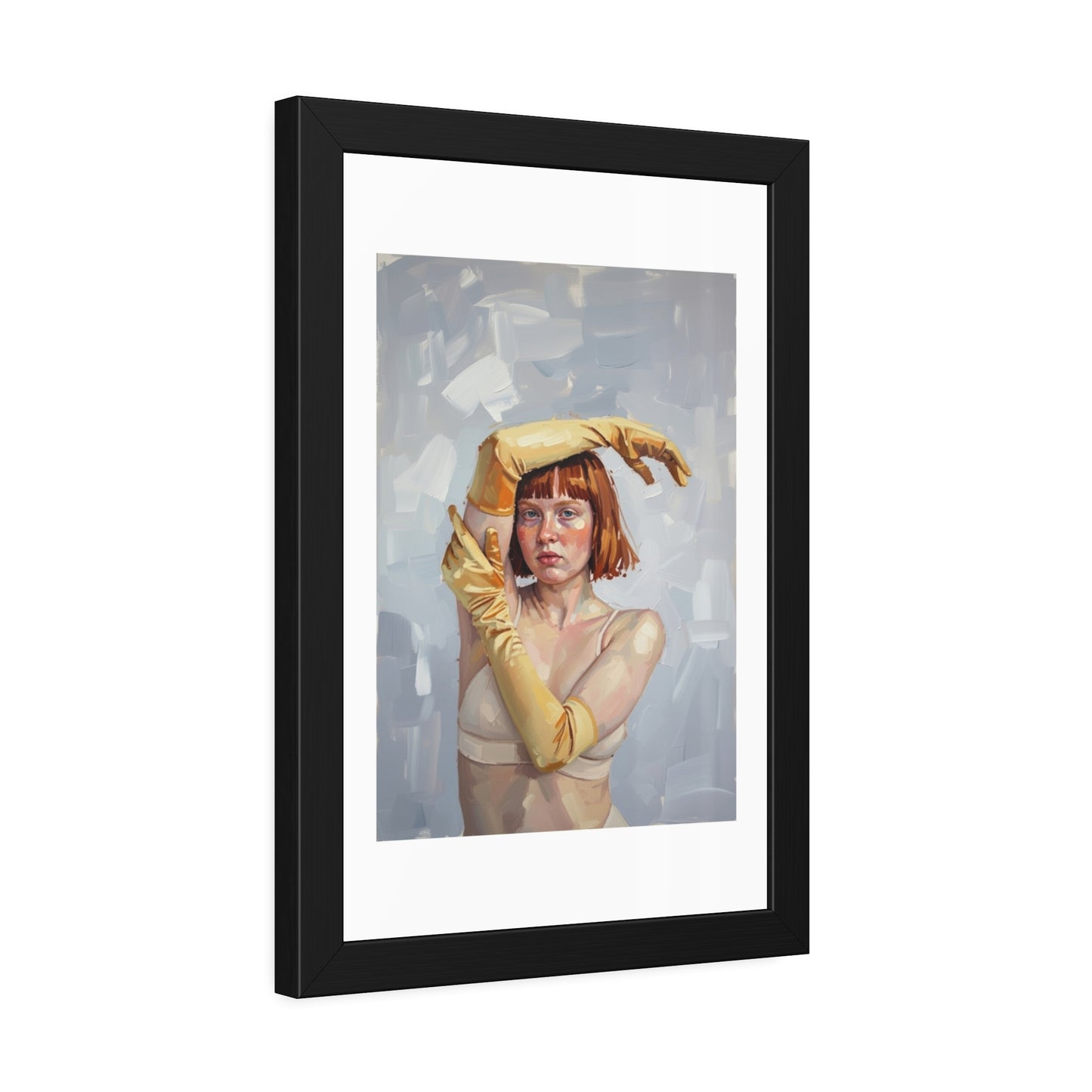 Framed Art Print — Portrait of Woman in Yellow Gloves (Modern Figurative Wall Art)