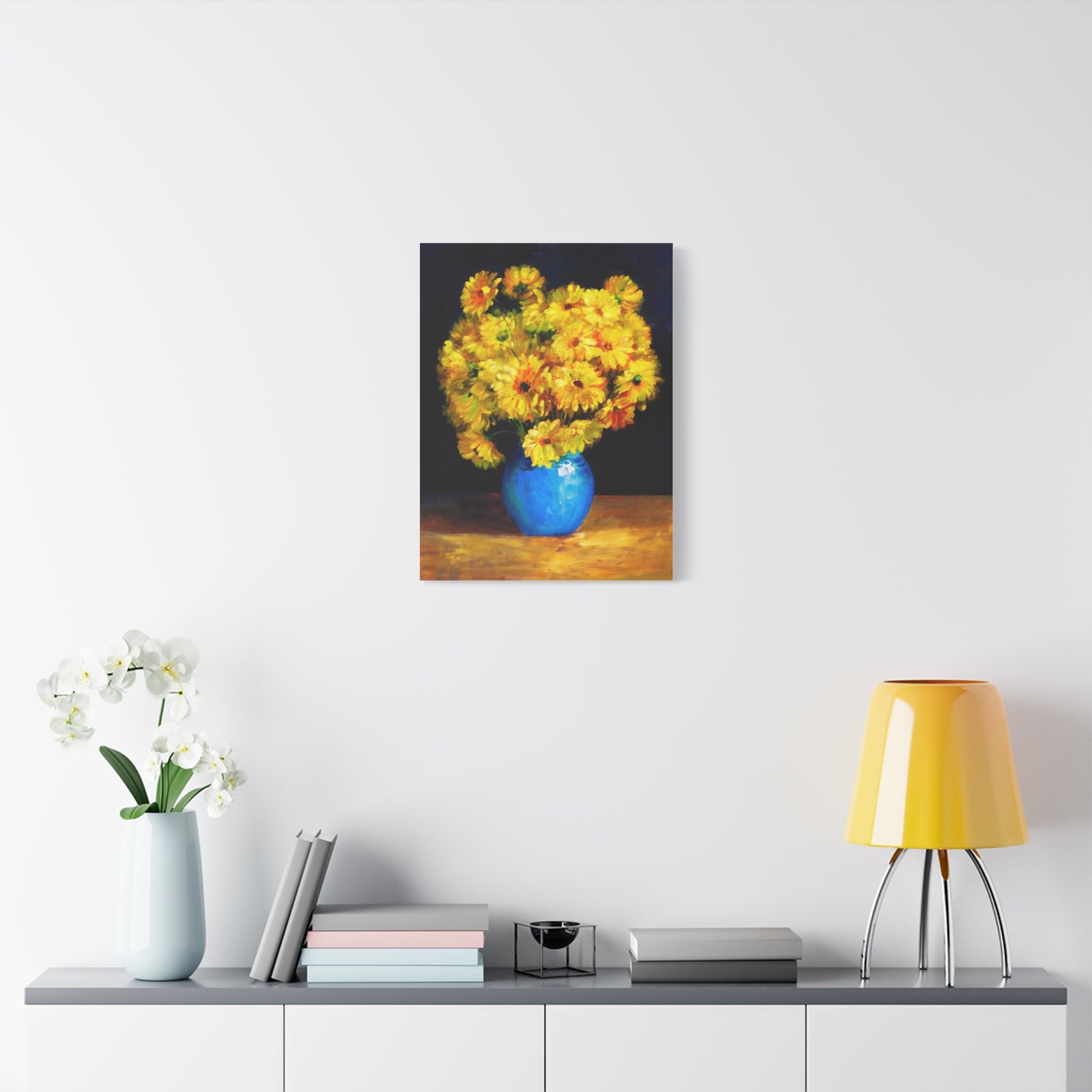 Yellow Chrysanthemum Canvas Wall Art — Blue Vase Floral Painting (Stretched Matte)