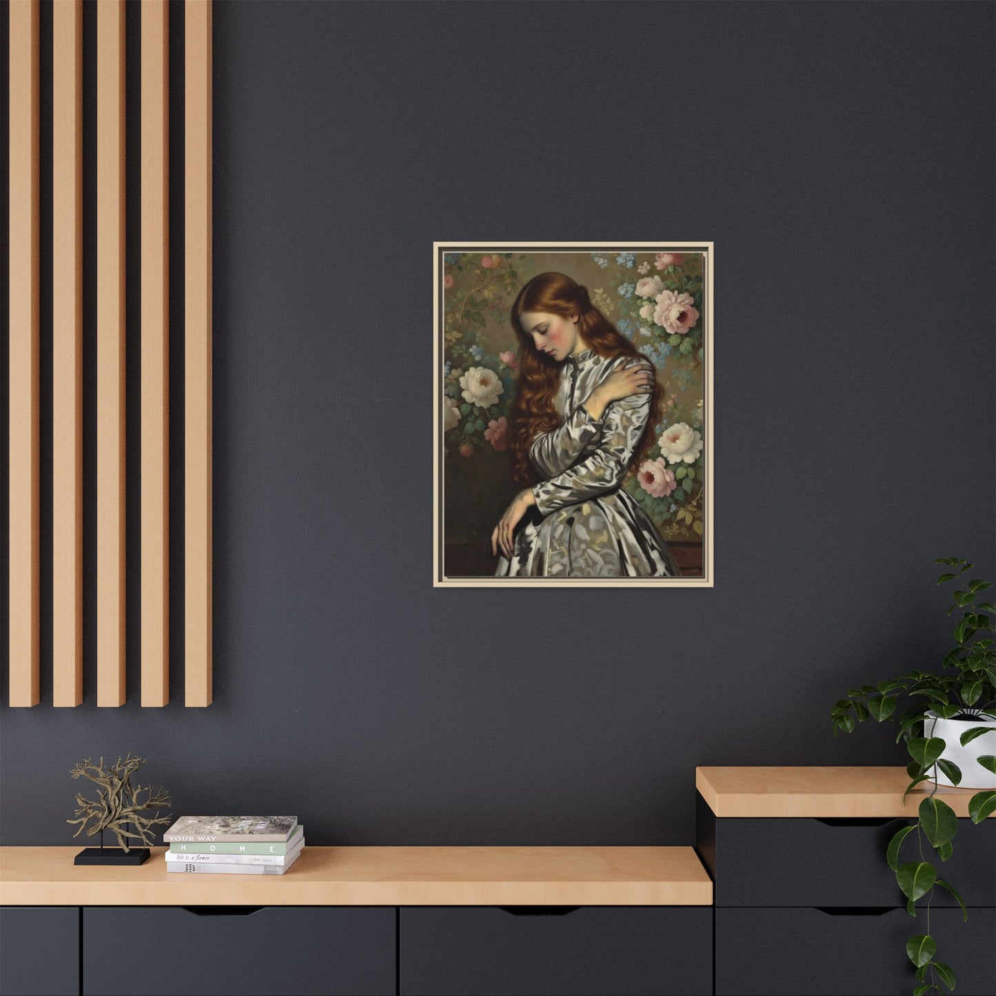 Framed Matte Canvas Art — Vintage Floral Portrait of a Young Woman
