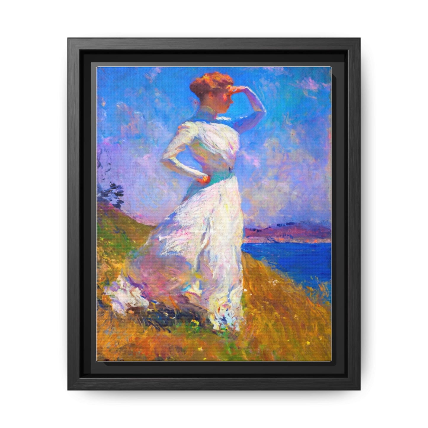 Framed Matte Canvas Art - Woman in White Seaside Impressionist Print