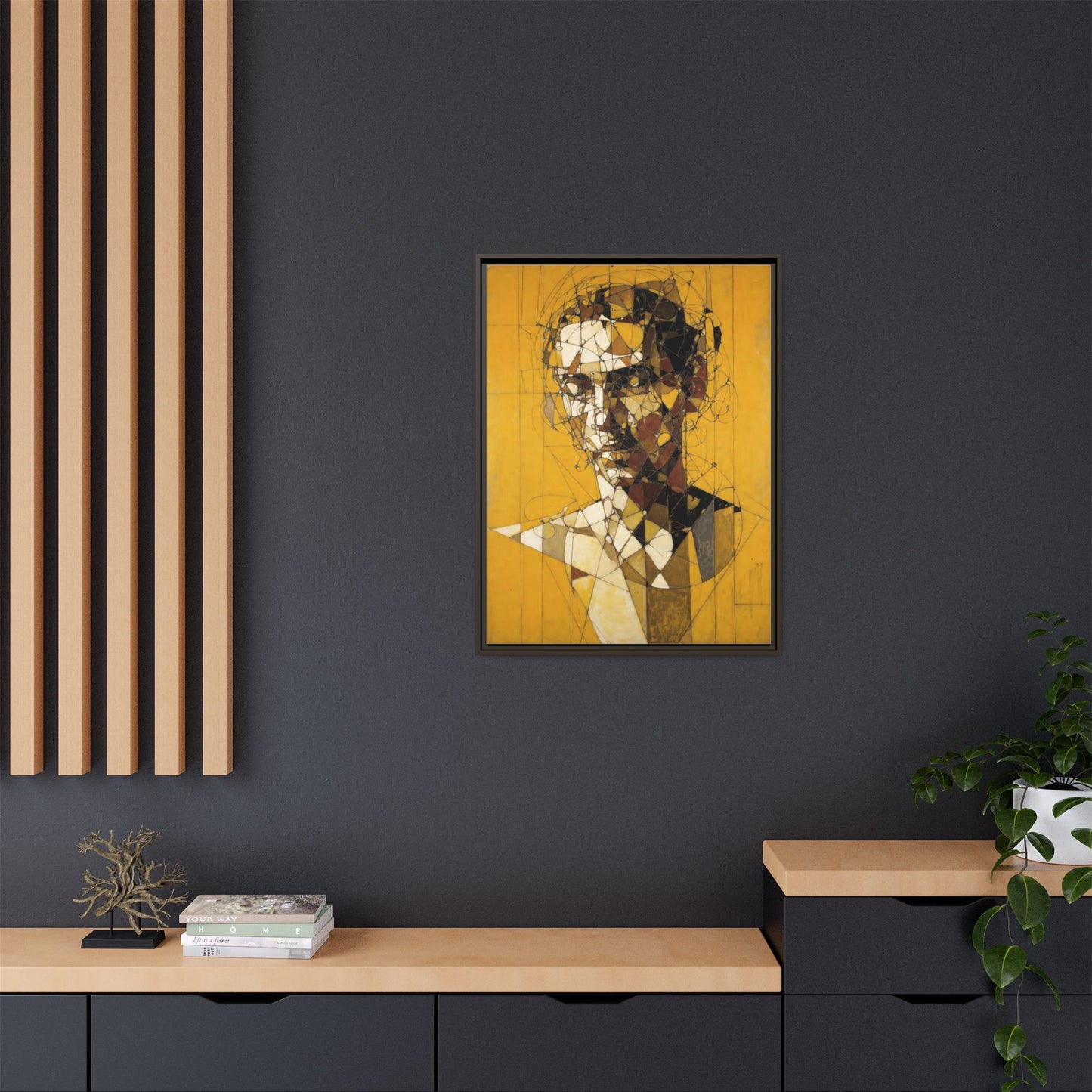 Framed Matte Canvas Art - Abstract Geometric Portrait on Mustard Yellow
