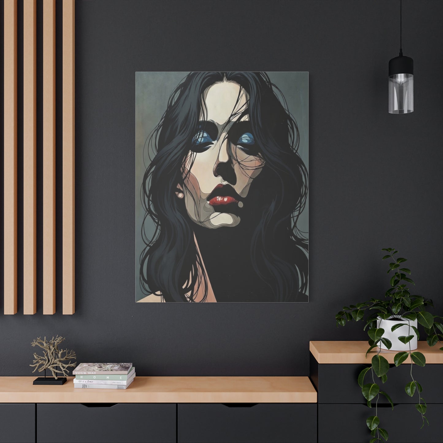 Dark Glam Portrait Canvas Art — Moody Woman Face Matte Stretched Wall Decor