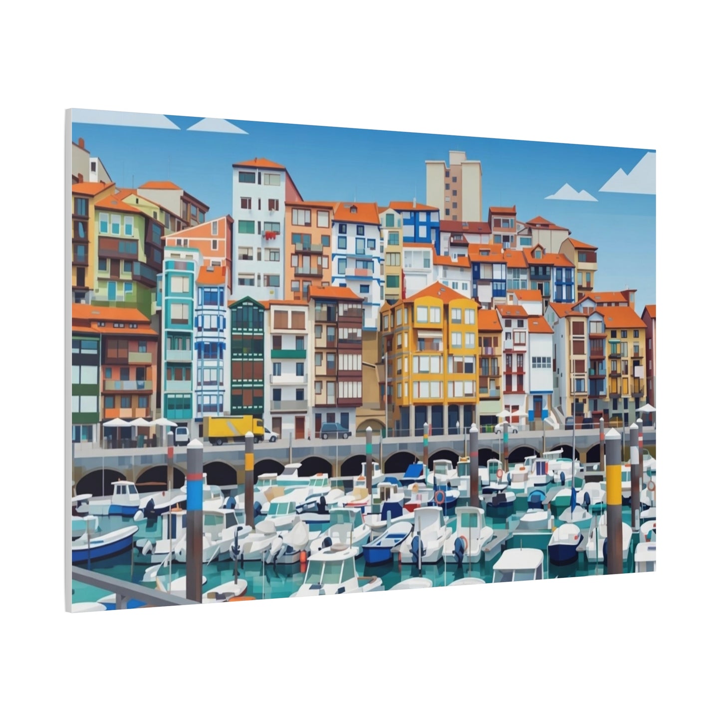Colorful Coastal Harbor Matte Canvas Print — Stretched Wall Art