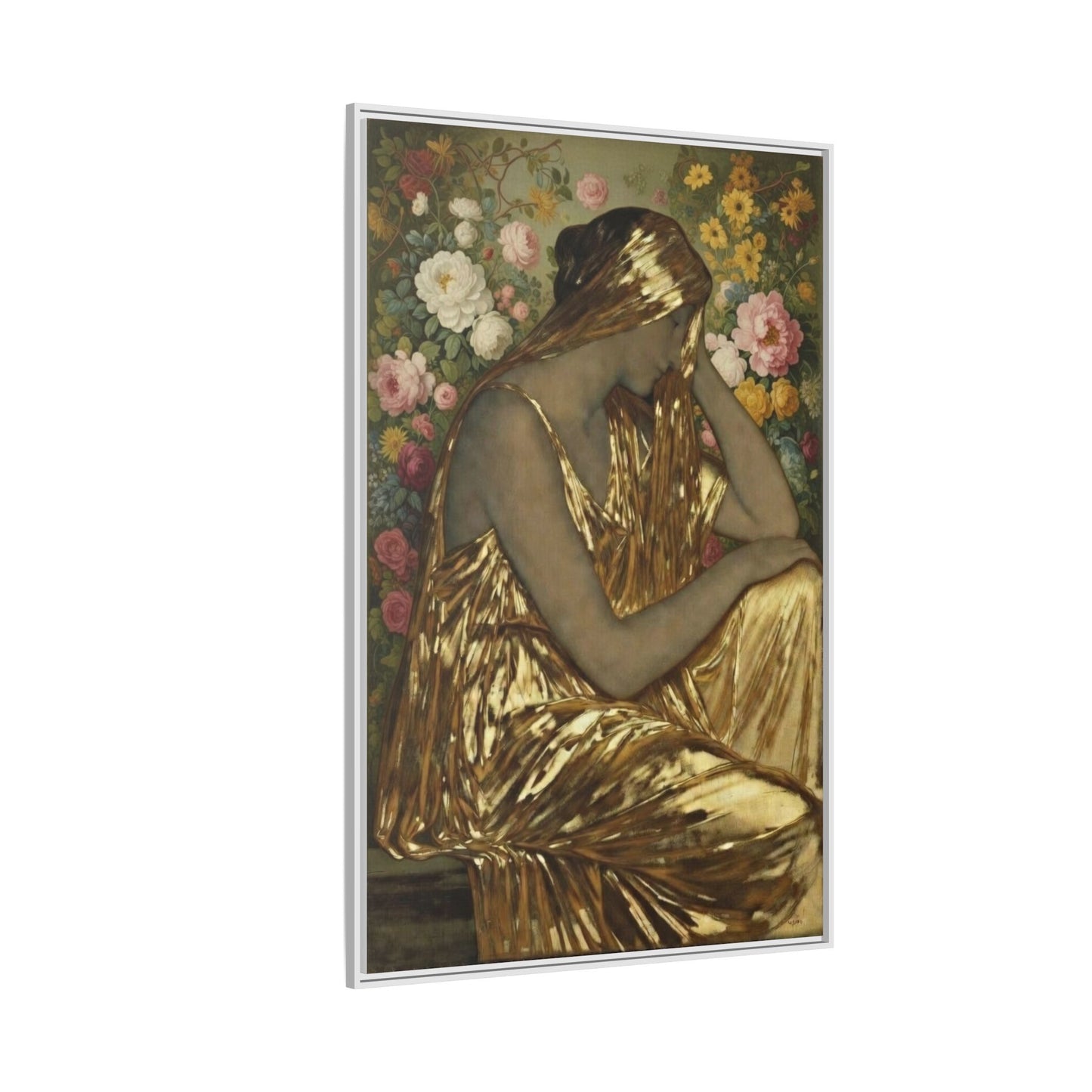 Framed Canvas Art Print — Golden Muse Woman with Floral Background