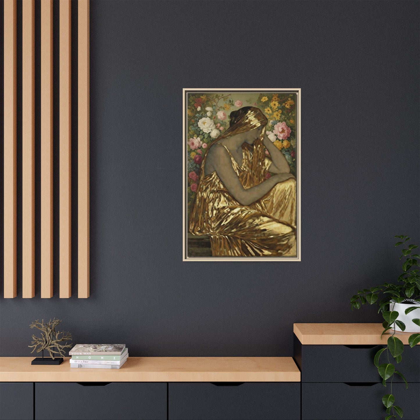 Framed Canvas Art Print — Golden Muse Woman with Floral Background