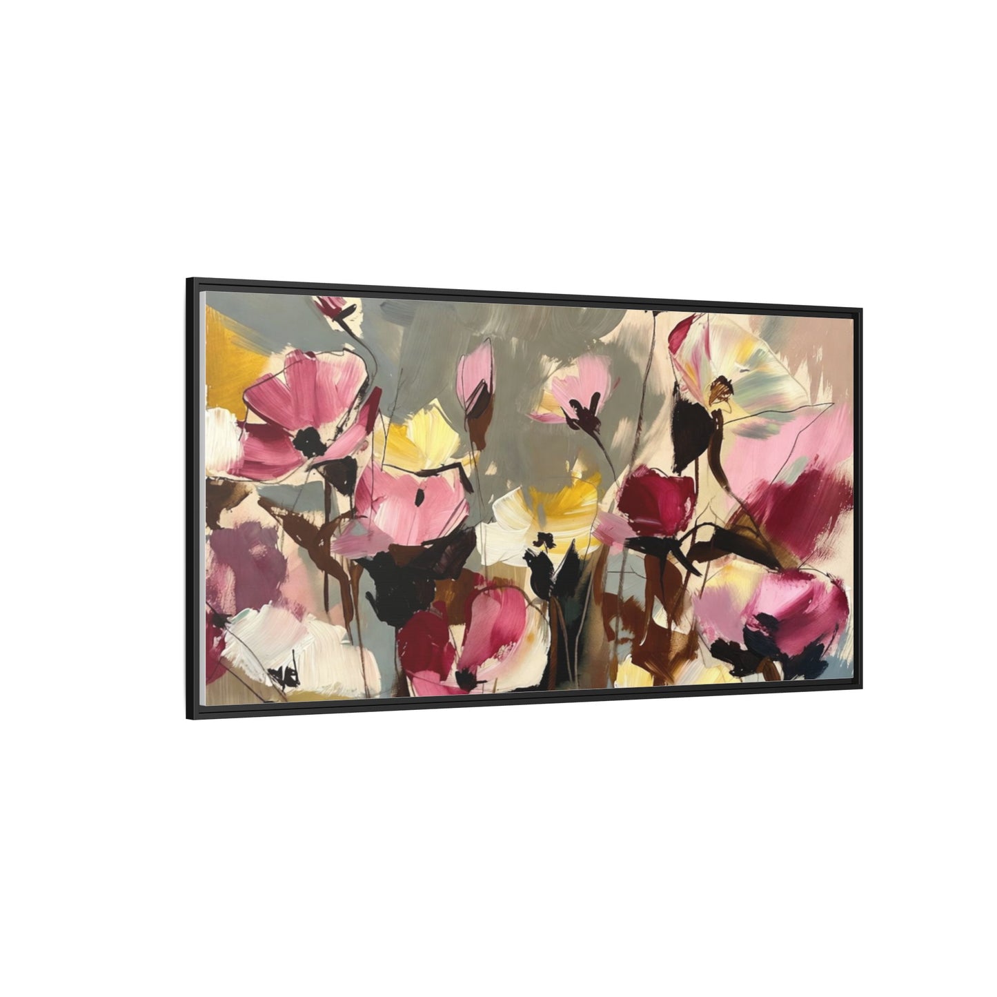 Framed Floral Canvas Wall Art — Abstract Pink & Yellow Flowers