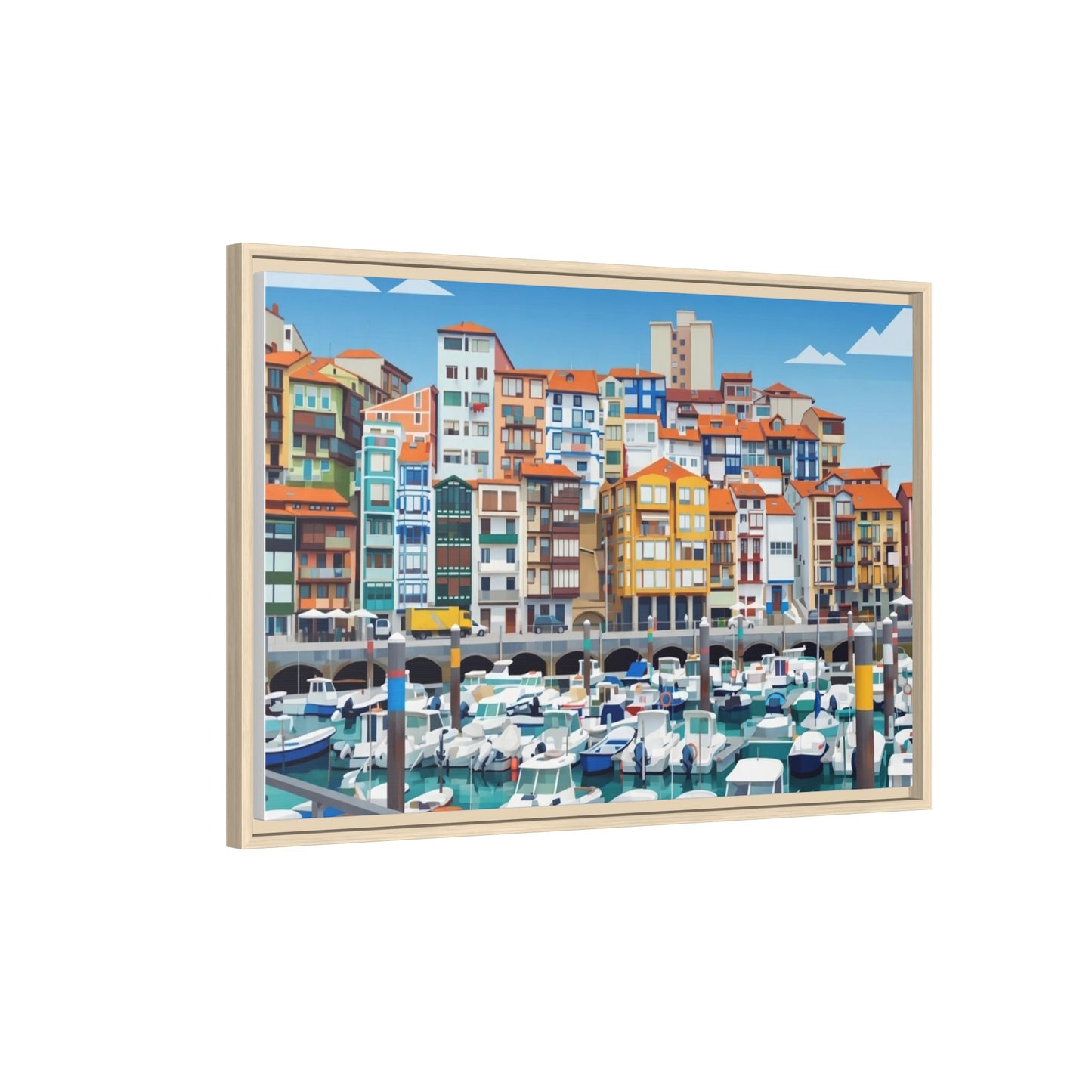 Framed Matte Canvas Print — Colorful Mediterranean Harbor Illustration