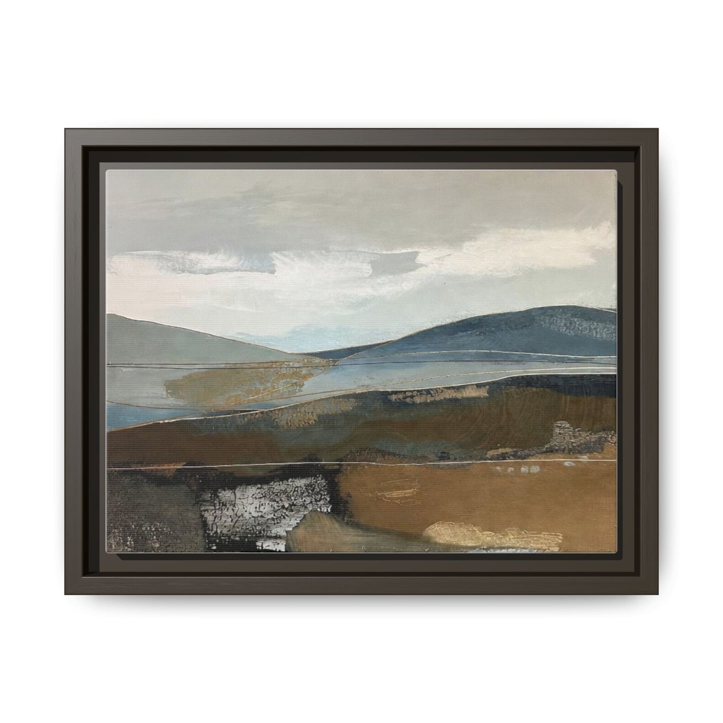Framed Matte Canvas Landscape Art - Serene Abstract Hills in Blue & Earth Tones