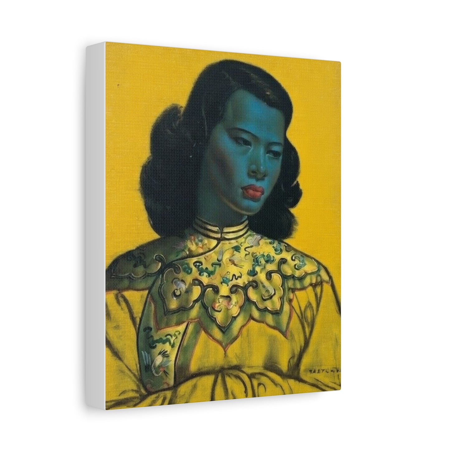 Vintage Portrait Canvas Print — Mid-Century Asian Woman Art on Yellow Background