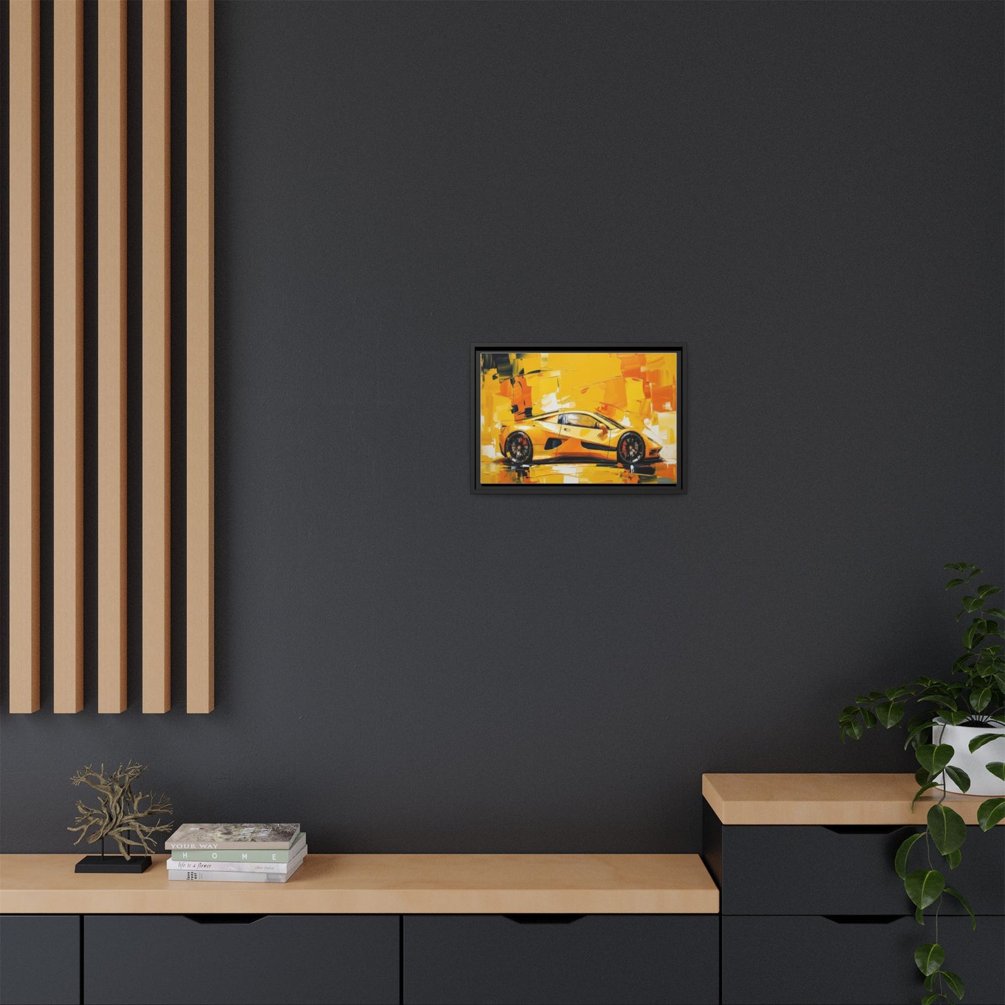 Yellow Sports Car Abstract Matte Canvas Framed Print