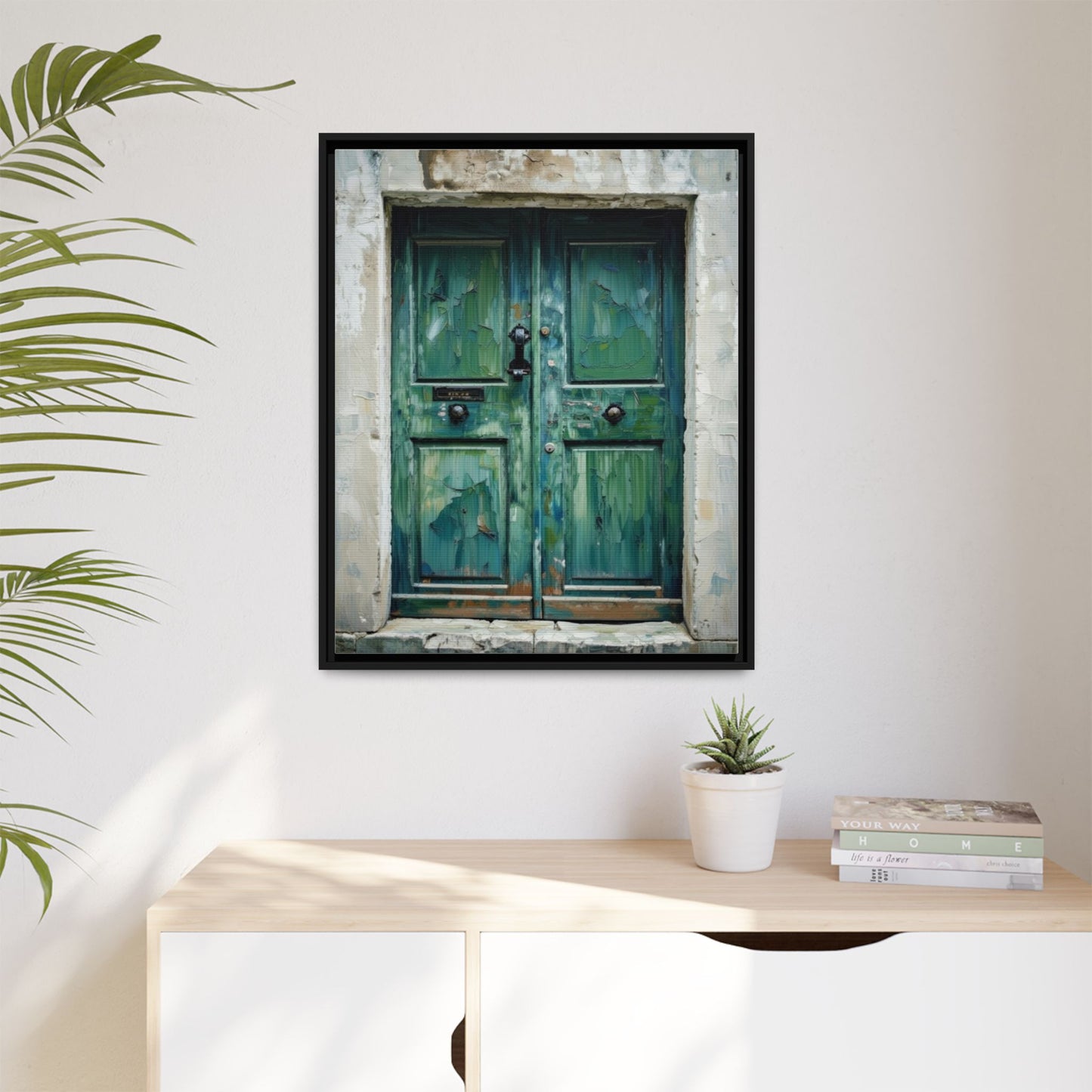 Framed Matte Canvas Art — Weathered Green Door Wall Print
