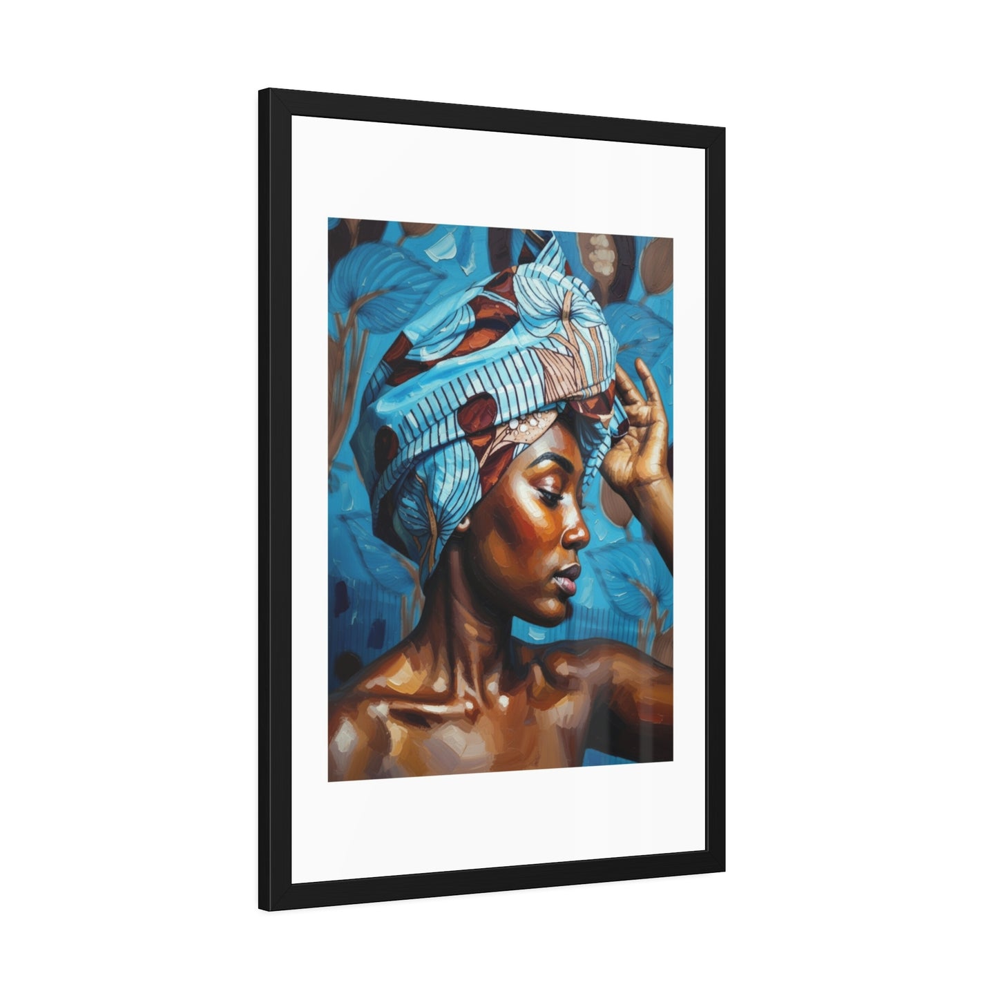 Framed Art Print — Portrait of Woman with Blue Headwrap (Gallery Wall Decor)
