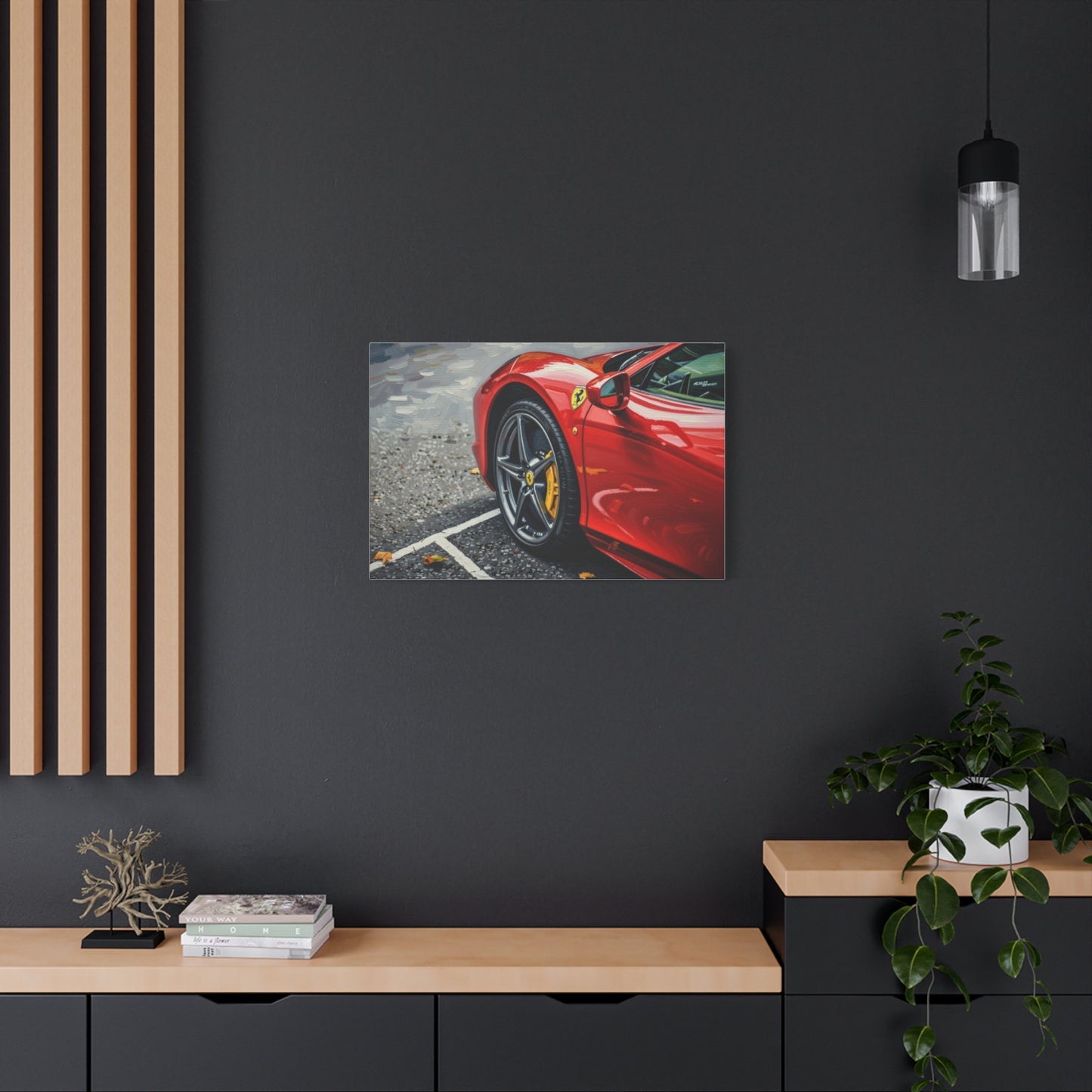 Red Sports Car Canvas Print — Ferrari Wheel Close-Up Matte Stretched Wall Art