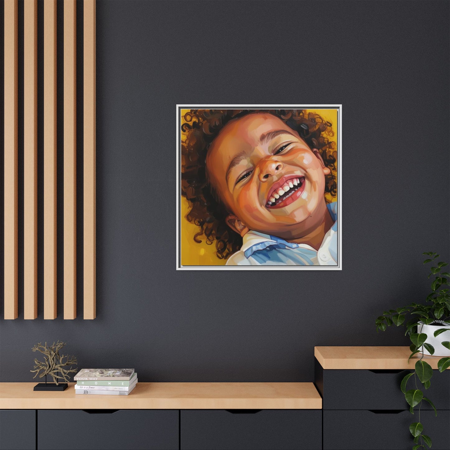 Framed Matte Canvas Print – Joyful Child Portrait, Colorful Nursery Wall Art