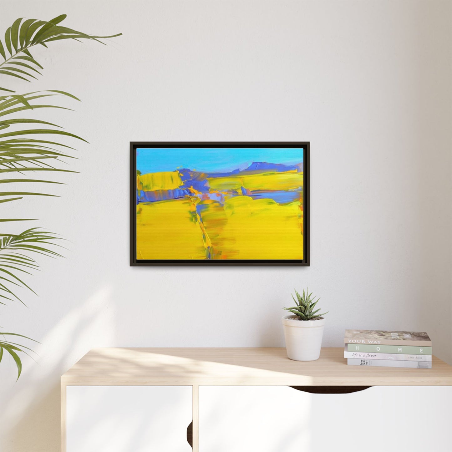 Framed Matte Canvas  Vibrant Yellow Blue Abstract Landscape Art