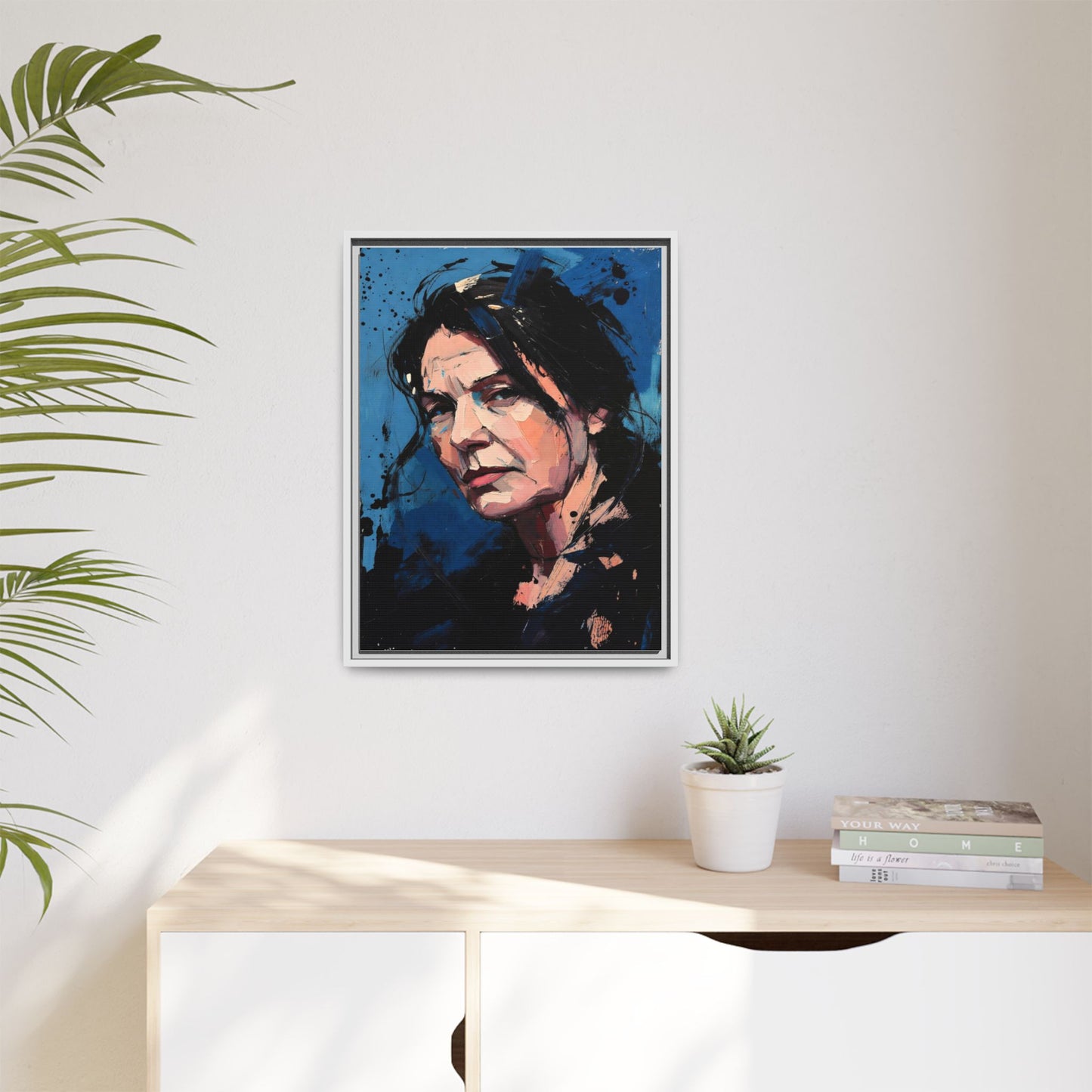 Framed Matte Canvas Portrait — Expressive Blue Painterly Woman Art