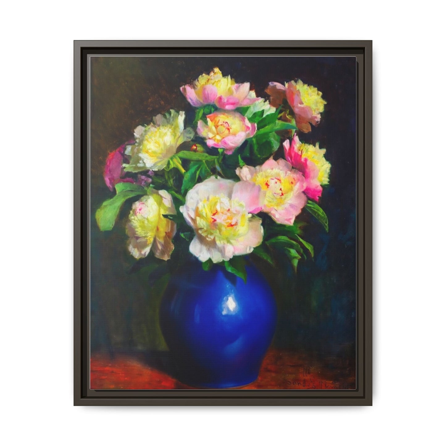 Framed Matte Canvas Wall Art — Vintage Floral Bouquet in Blue Vase