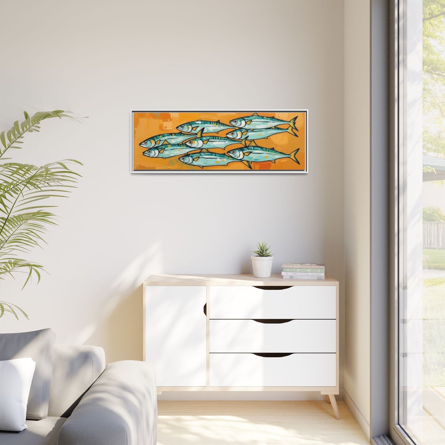 Framed Matte Canvas Print — School of Blue Fish on Orange Abstract Background