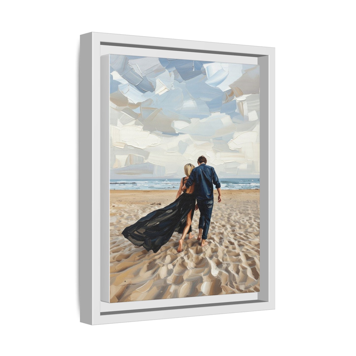 Framed Canvas Wall Art — Romantic Couple Walking on Beach Print
