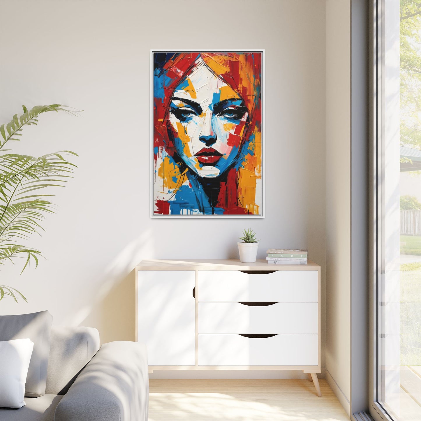 Framed Abstract Portrait Canvas — Colorful Female Face Wall Art