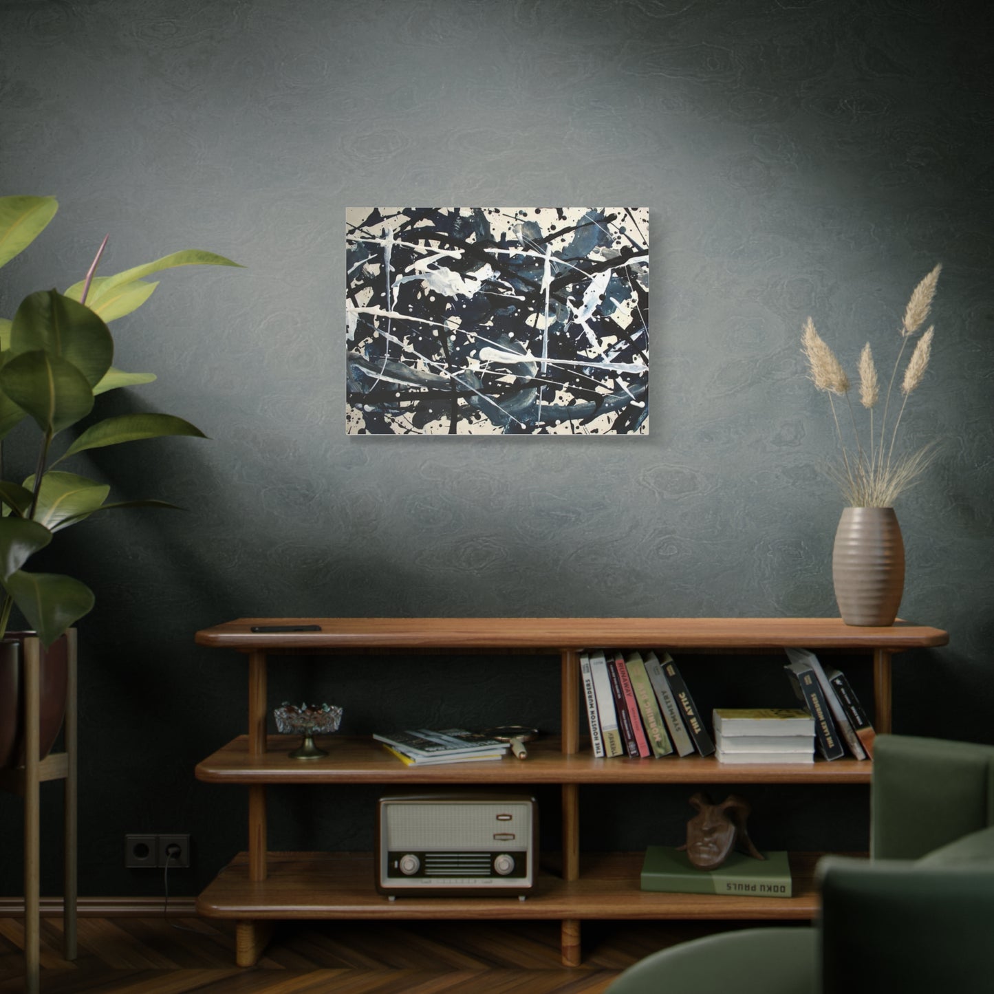 Abstract Drip Painting Canvas Print — Blue & Black Modern Wall Art (Matte Stretched)
