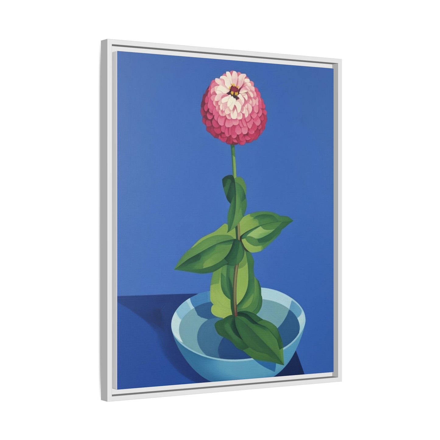 Framed Matte Canvas Art — Pink Zinnia in Blue Bowl (Botanical Still Life)