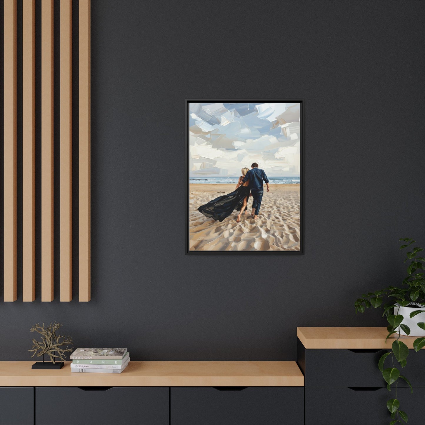 Framed Canvas Wall Art — Romantic Couple Walking on Beach Print