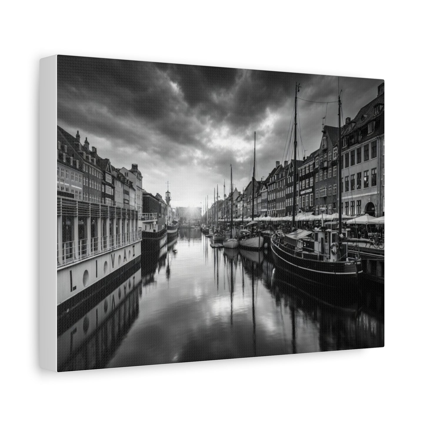 Black & White Harbor Canvas Print — Dramatic Copenhagen Cityscape Wall Art