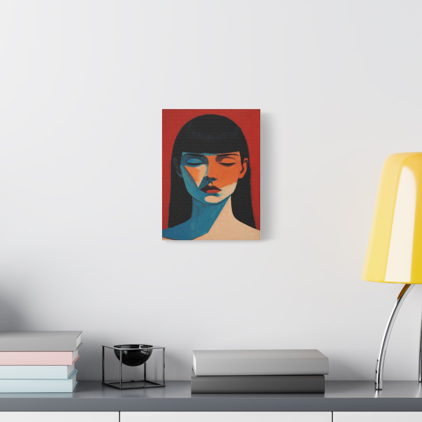 Portrait Canvas Wall Art — Modern Minimalist Woman in Red & Blue
