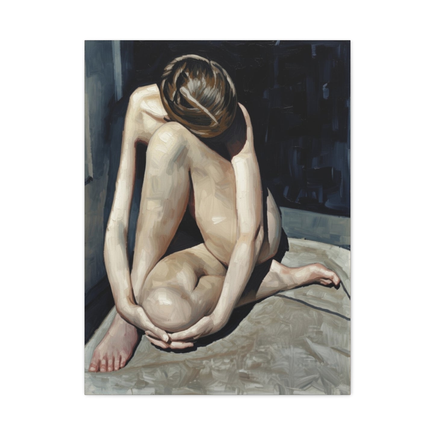 Figurative Nude Art Canvas Print — Contemplative Female Figure Matte Stretched
