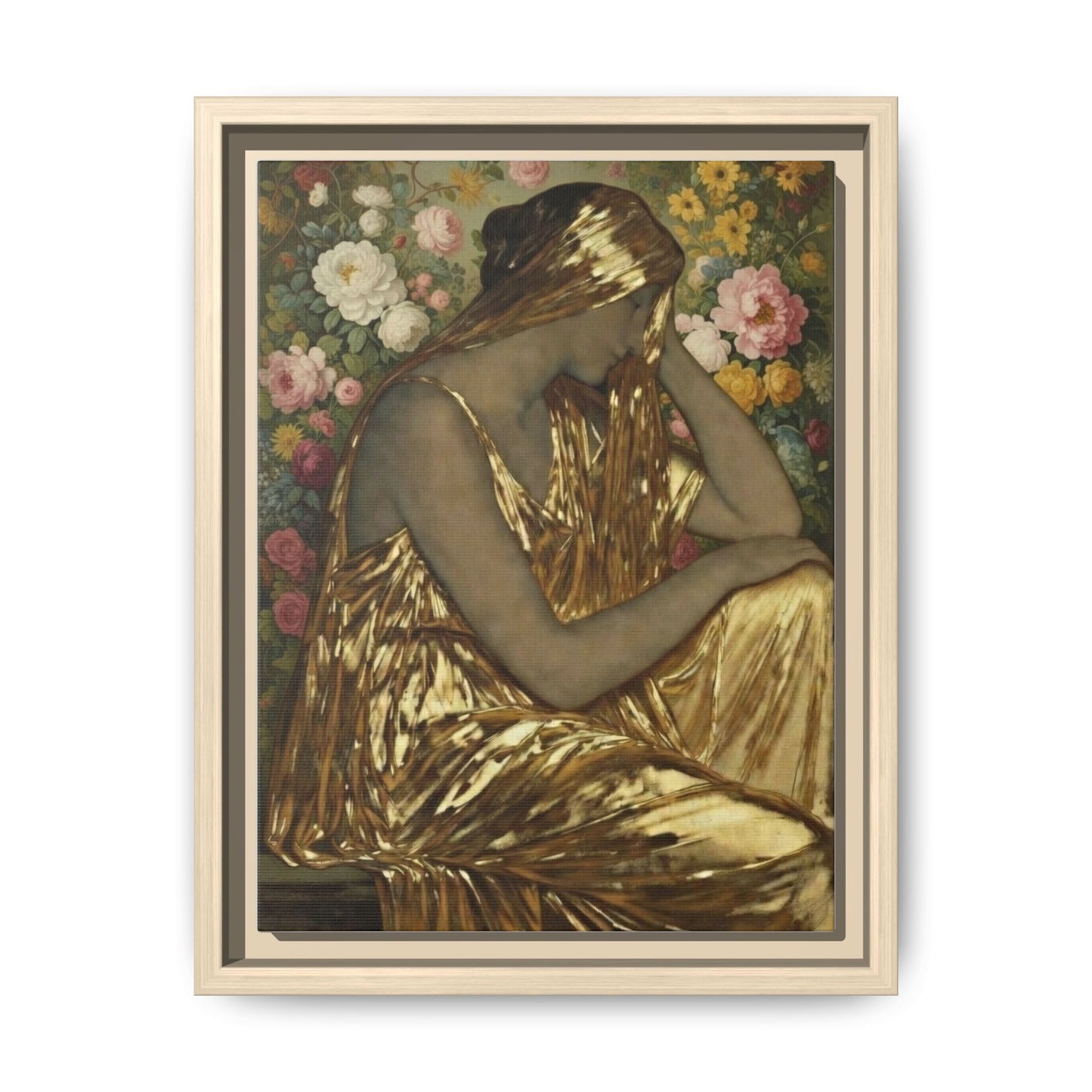 Framed Canvas Art Print — Golden Muse Woman with Floral Background