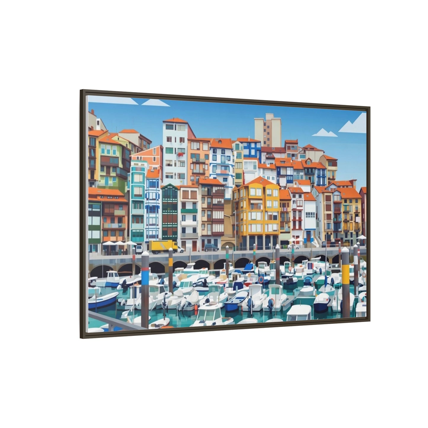 Framed Matte Canvas Print — Colorful Mediterranean Harbor Illustration