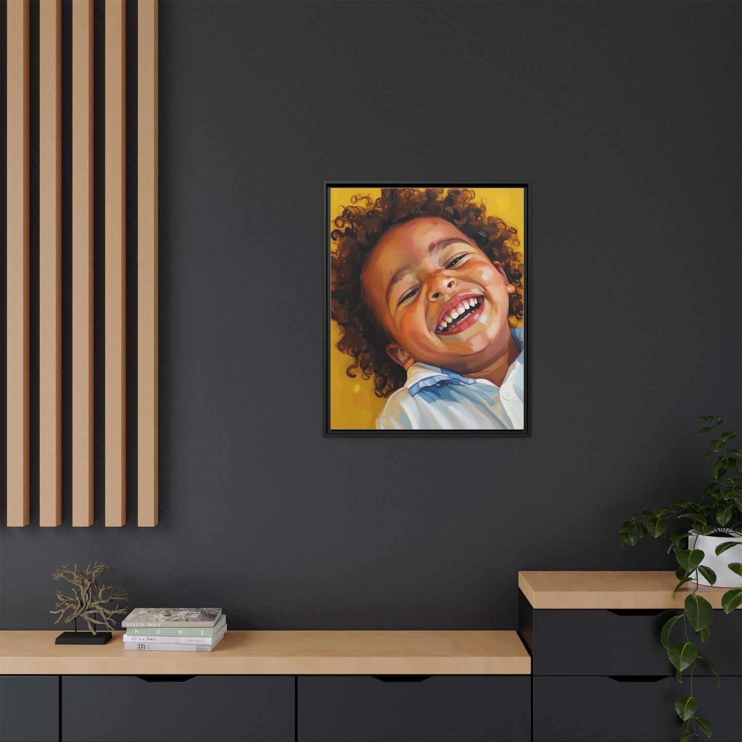 Framed Matte Canvas Print – Joyful Child Portrait, Colorful Nursery Wall Art