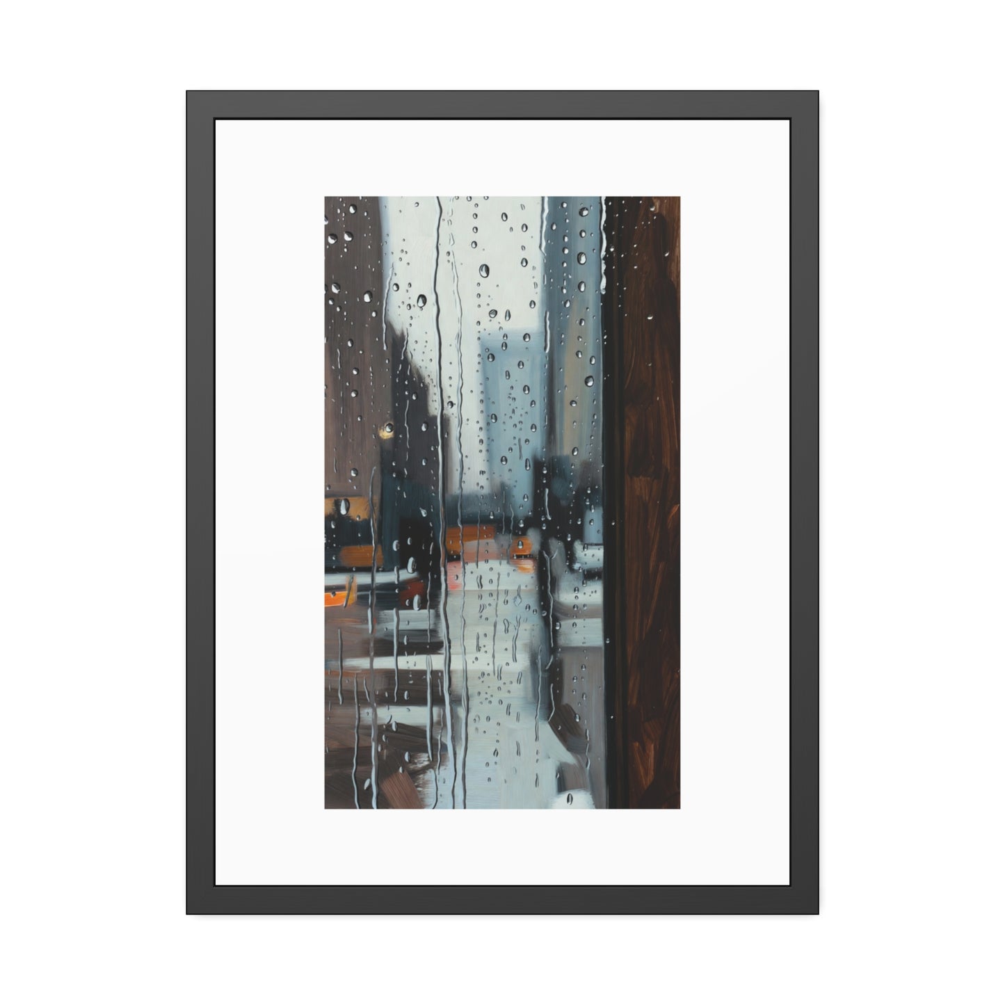Framed Cityscape Poster — Rainy Window Urban Art Print