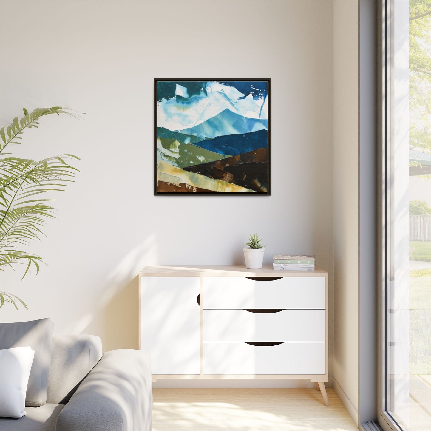 Framed Abstract Mountain Canvas Art — Blue & Earthtone Landscape Print
