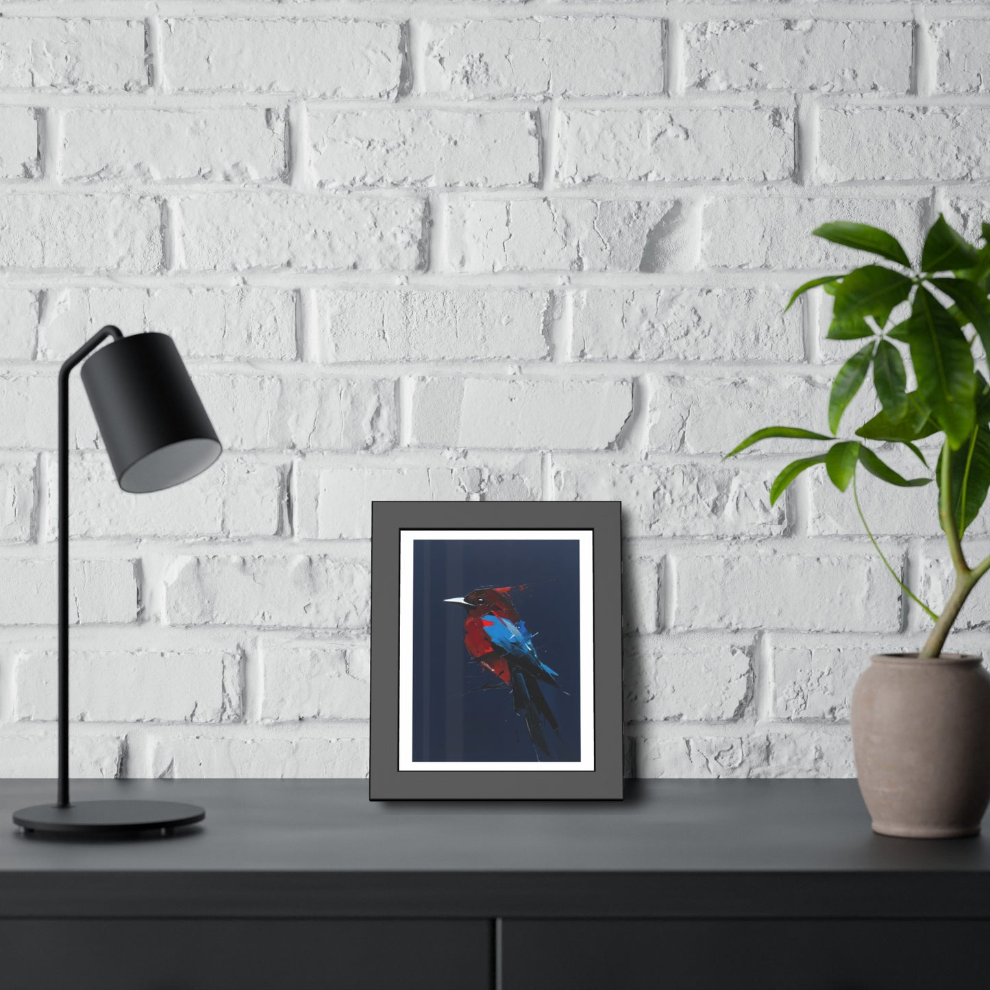 Framed Bird Art Print — Modern Red & Blue Kingfisher Poster