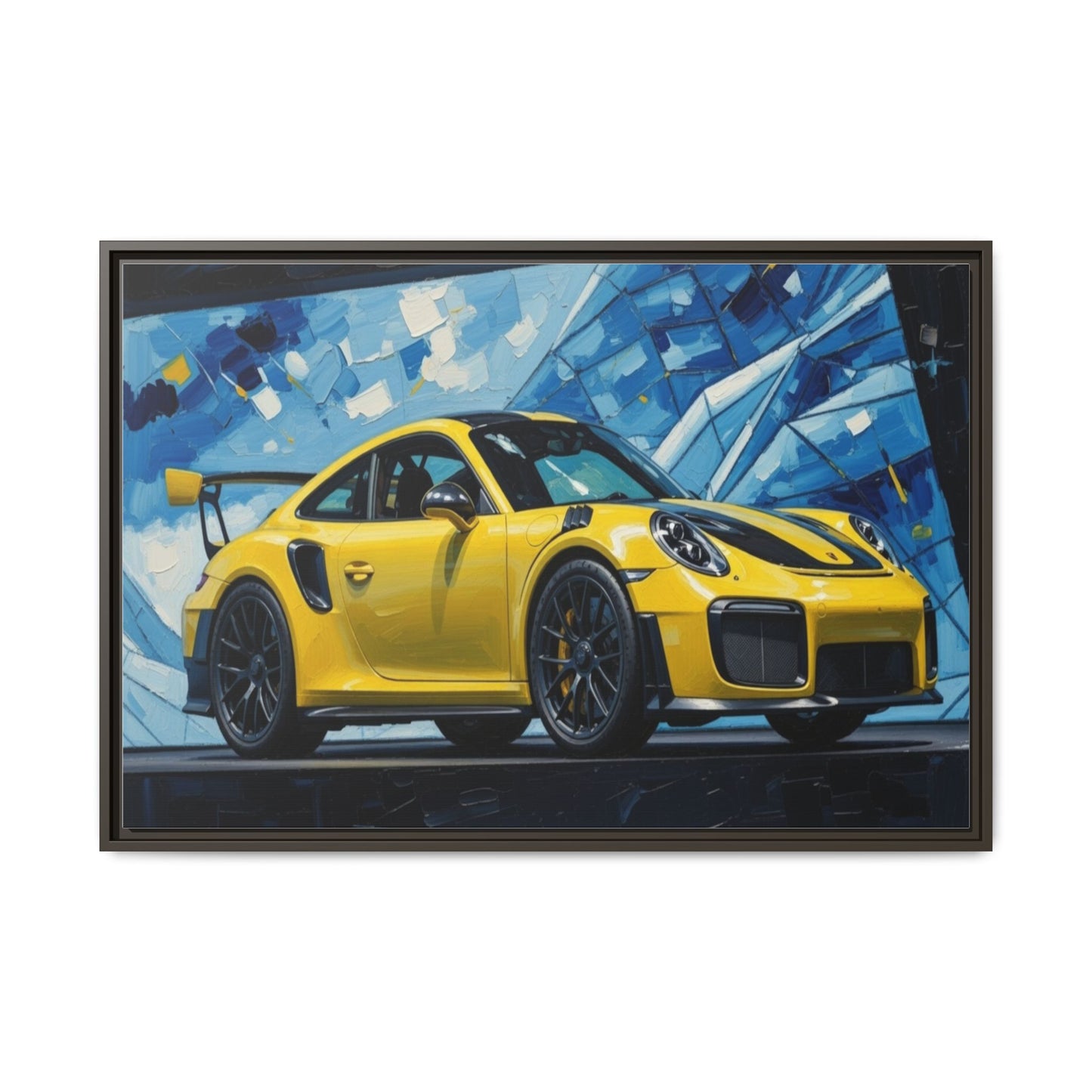 Yellow Porsche Sports Car Matte Framed Canvas – Modern Automotive Wall Art