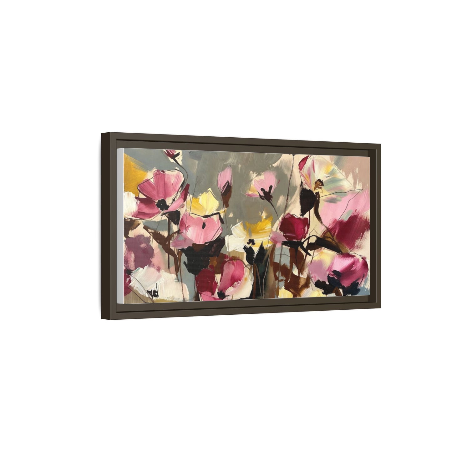 Framed Floral Canvas Wall Art — Abstract Pink & Yellow Flowers