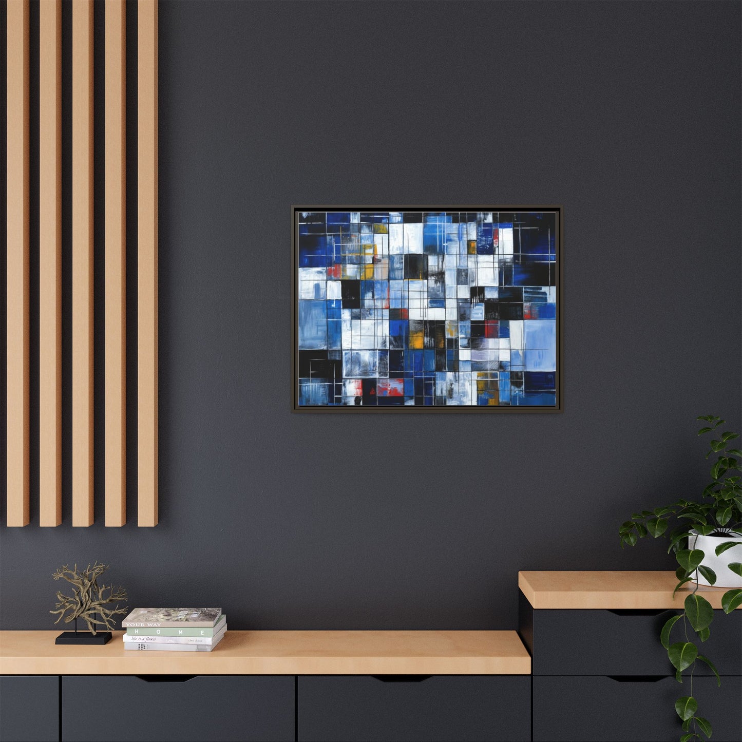 Abstract Blue Grid Matte Canvas Framed Art Print