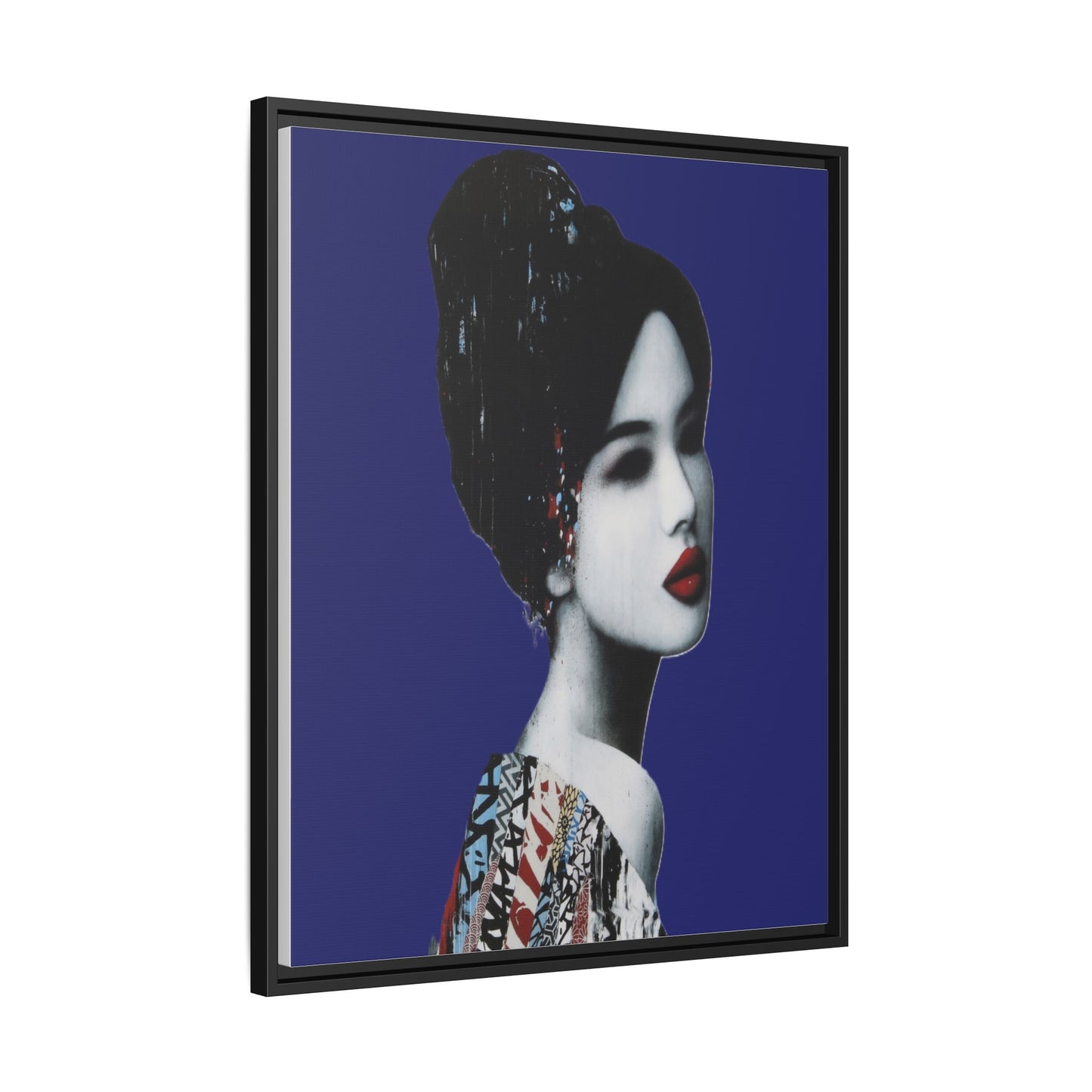 Framed Matte Canvas Art — Elegant Geisha Portrait on Deep Blue