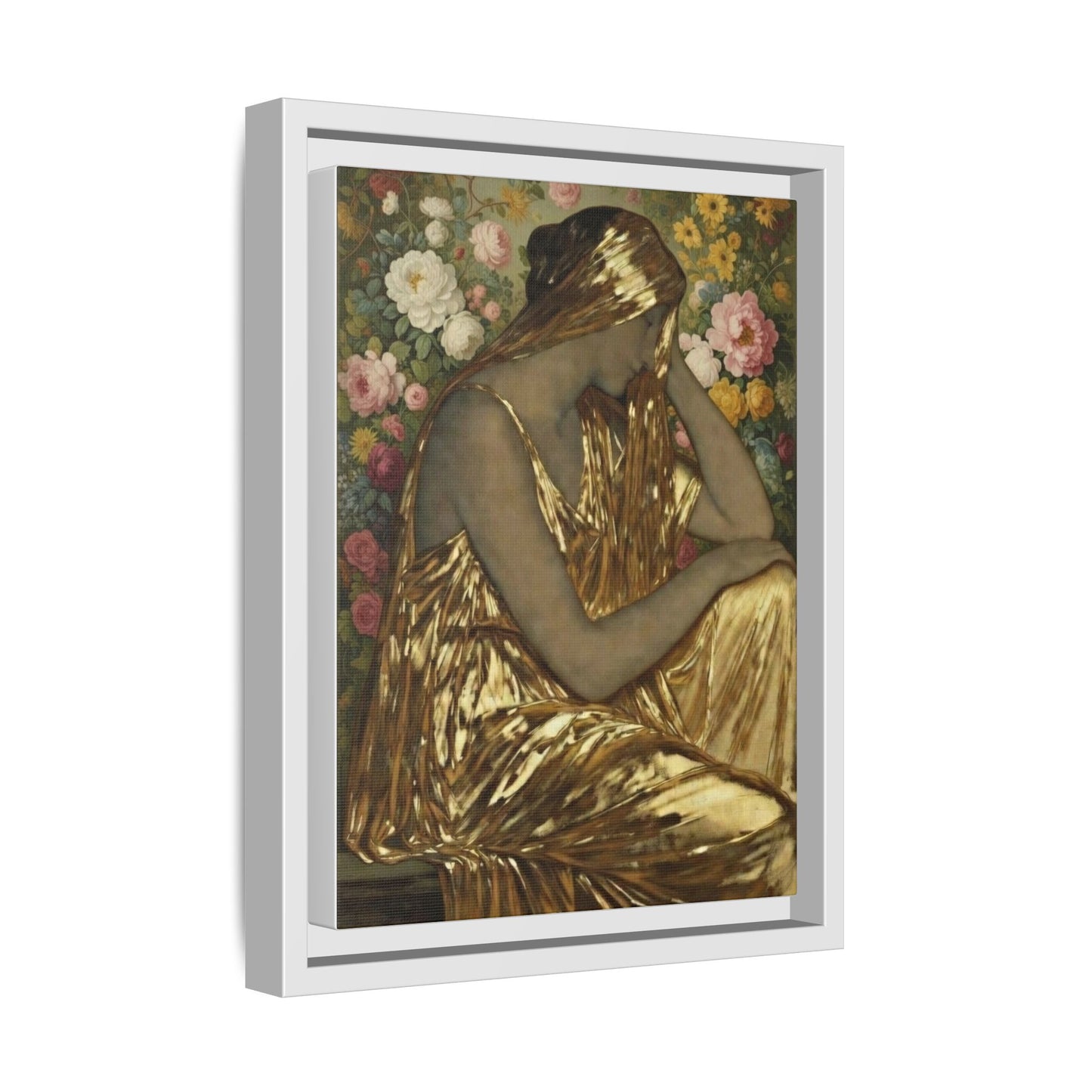Framed Canvas Art Print — Golden Muse Woman with Floral Background