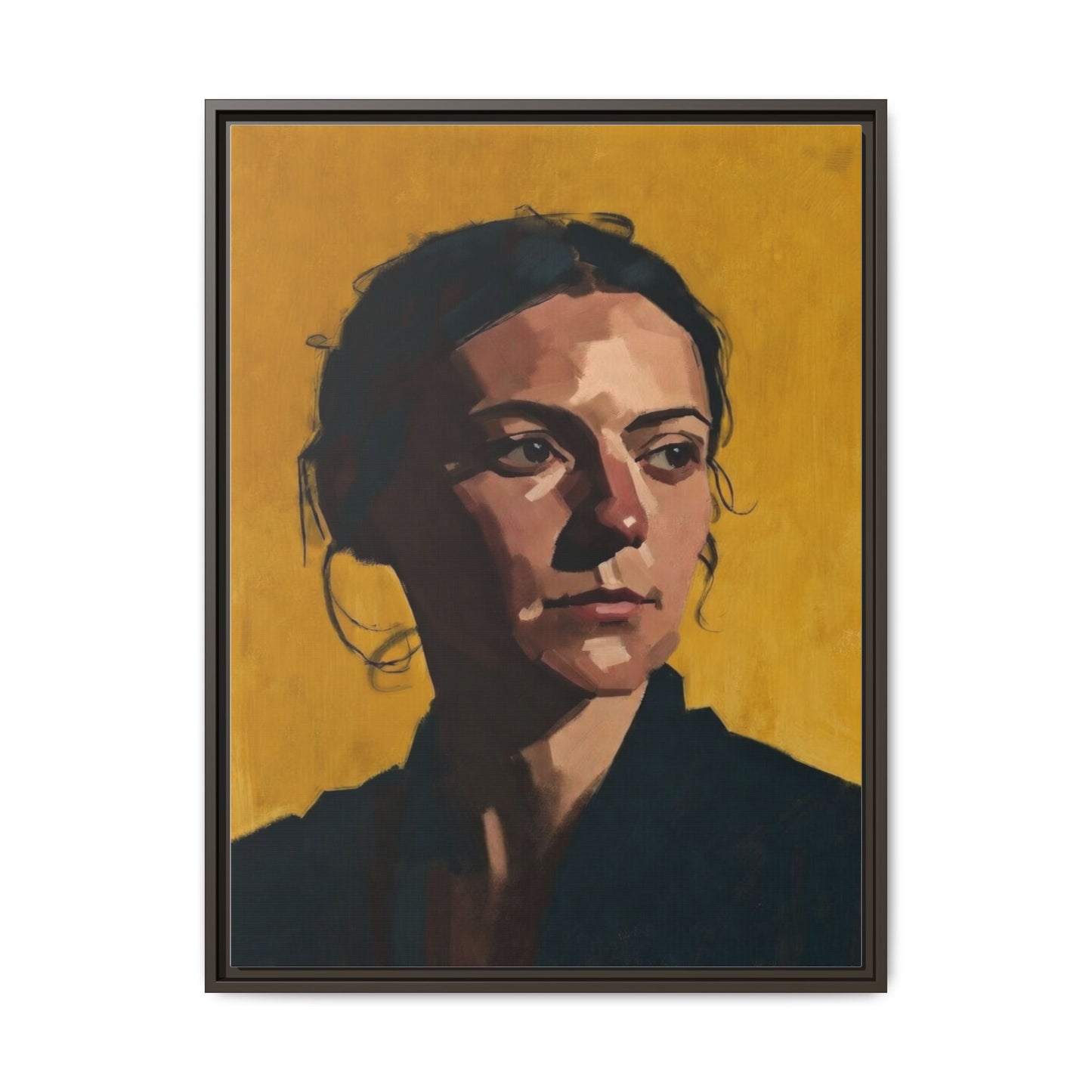 Framed Matte Canvas Portrait Art — Moody Woman on Mustard Background