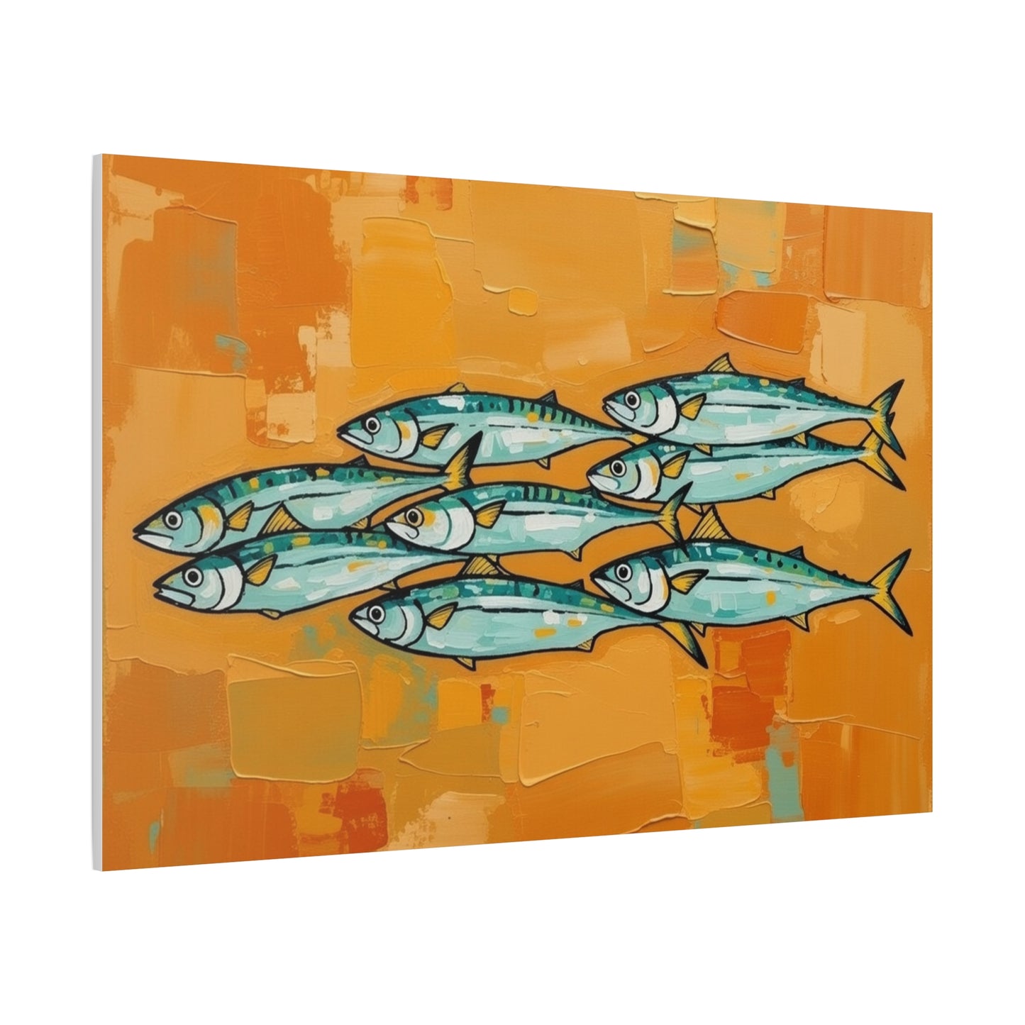 School of Mackerel Canvas Wall Art — Nautical Fish Painting on Orange Background