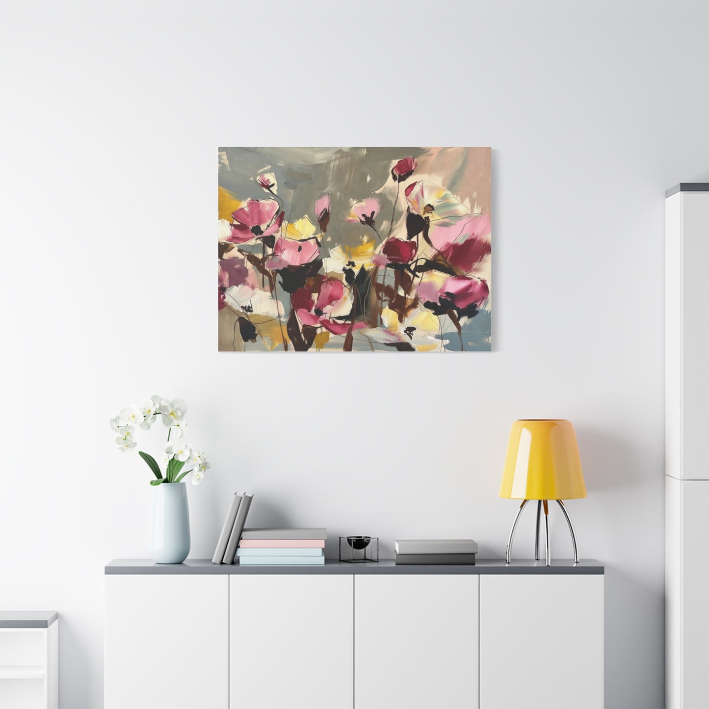 Floral Abstract Canvas Wall Art — Pink & Yellow Bloom Stretched Matte Print