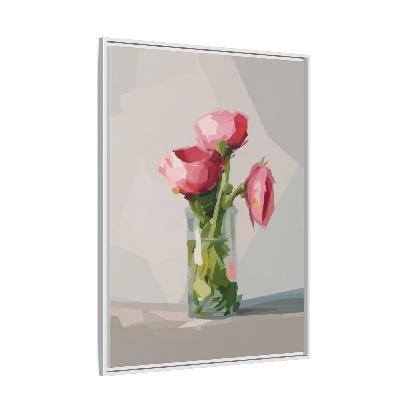 Framed Canvas Art — Pink Roses in Vase, Modern Floral Wall Print