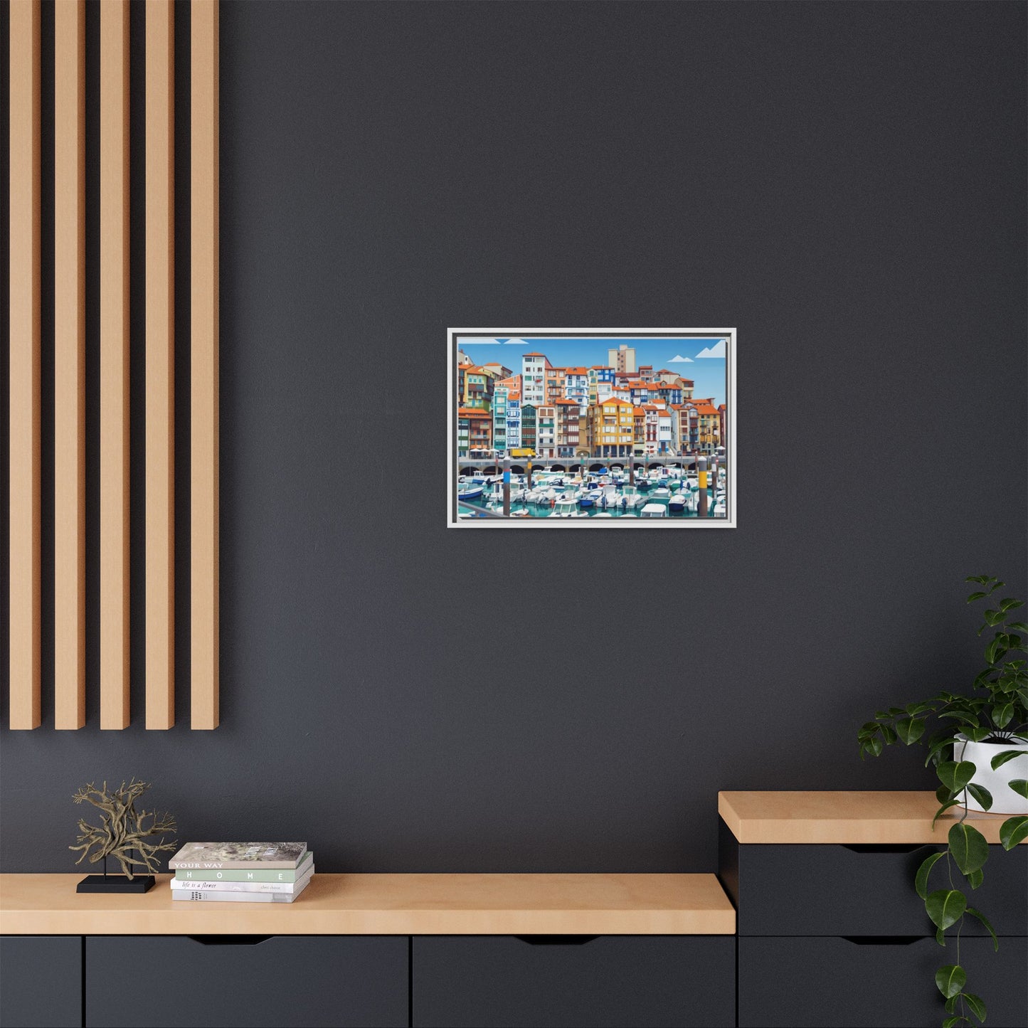 Framed Matte Canvas Print — Colorful Mediterranean Harbor Illustration