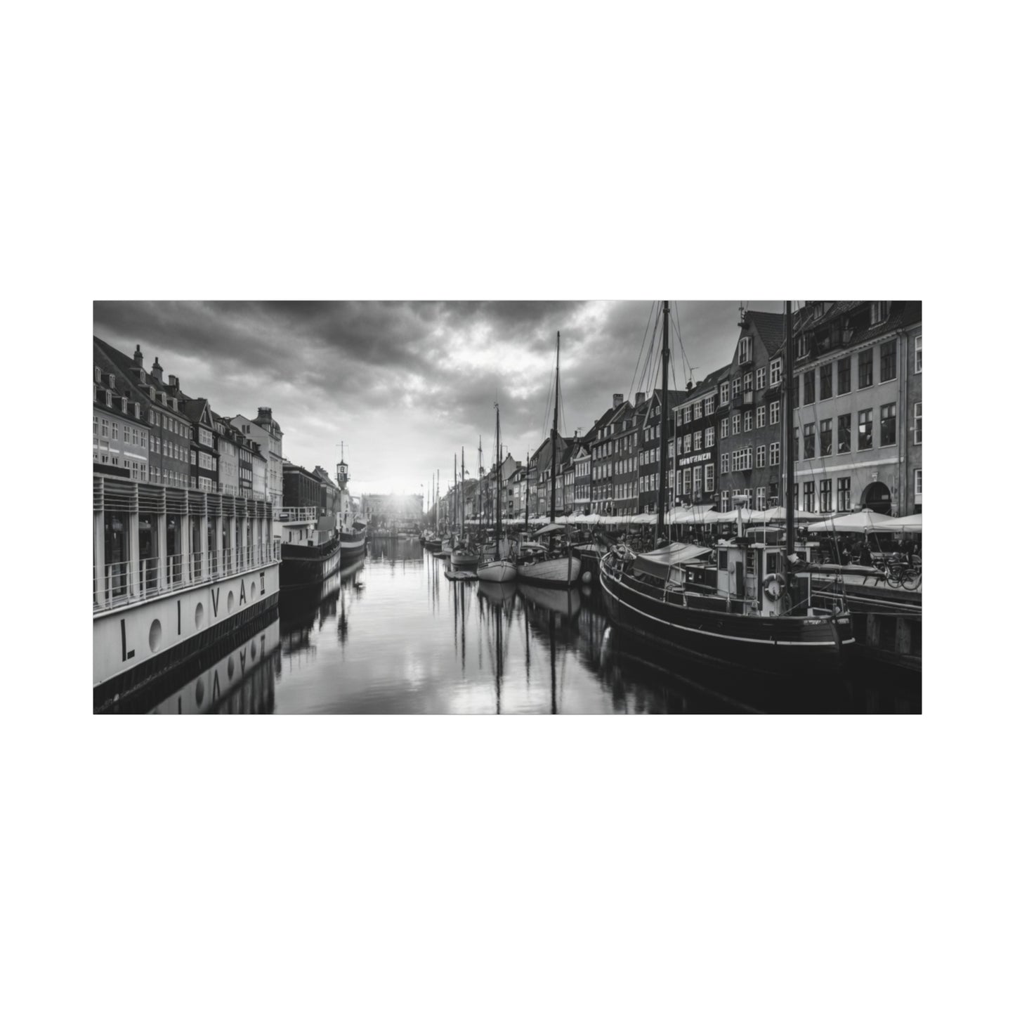 Black & White Harbor Canvas Print — Dramatic Copenhagen Cityscape Wall Art